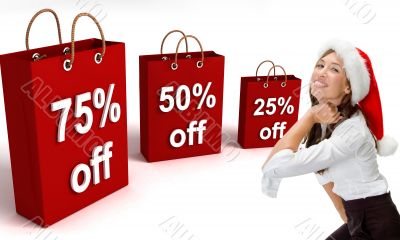 shopping bags and woman with santa hat
