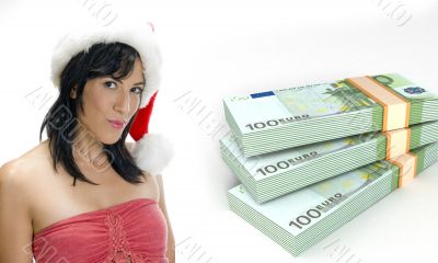 currency bundles and woman with santa hat