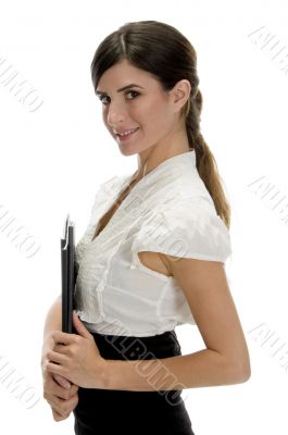 side view of smiling lady with files