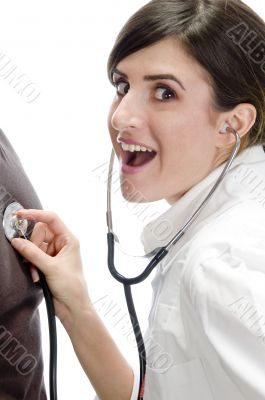 posing smiling lady with stethoscope