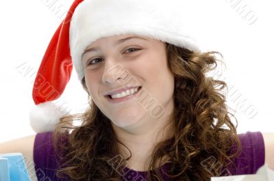 cheerful woman with santa cap