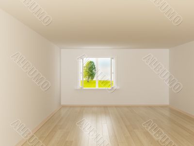 Empty room. Landscape behind the open window. 3D image