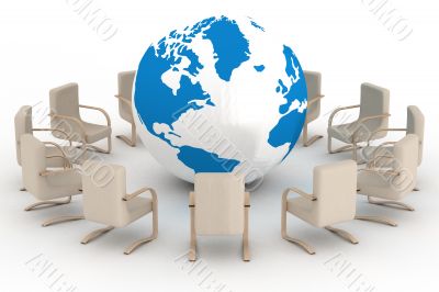 Twelve leather armchairs round globe. 3D image.