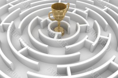 White circle labyrinth with cup. 3D image.