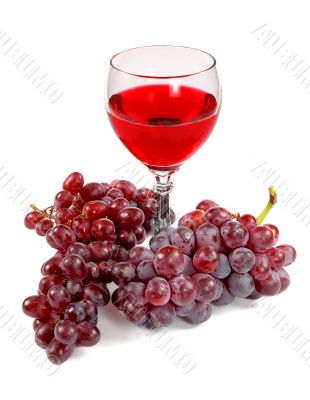 Glass of red wine and grapes clusters