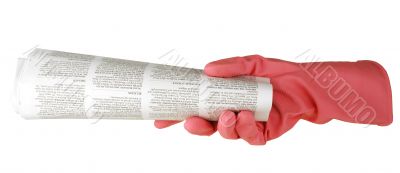 hand is in a pink glove holds the newspaper