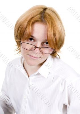 Girl in spectacles on white background