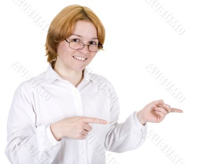 Woman specifying to the right