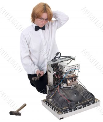 Girl repairing electronic equipment