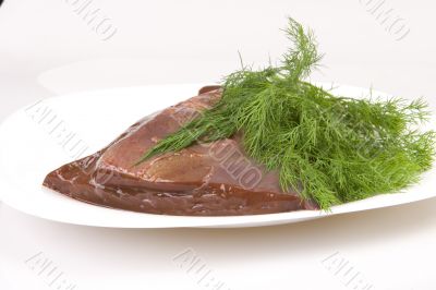 beef liver with dill on white plate
