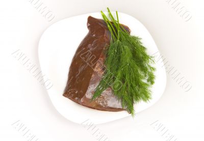 beef liver with dill on white plate