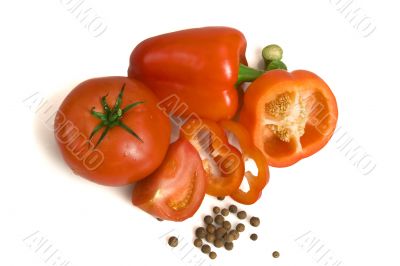 pepper, tomato and spice on white ground