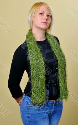 Frontal shot of blonde woman posing with scarf