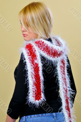 Frontal shot of blonde woman posing with scarf