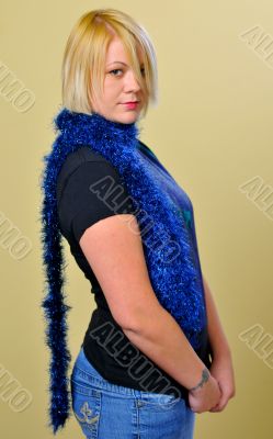 Frontal shot of blonde woman posing with scarf