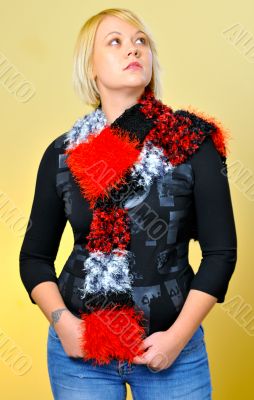 Frontal shot of blonde woman posing with scarf