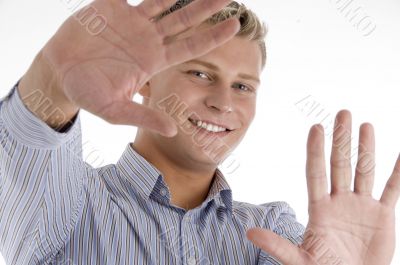happy man showing his palms