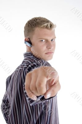 professional caucasian guy pointing