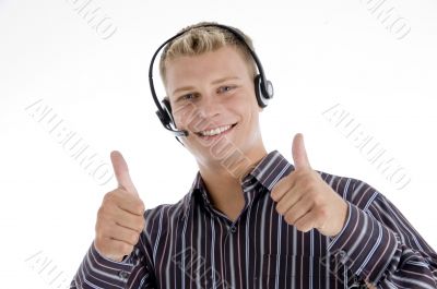 executive communicating and showing thumbs up