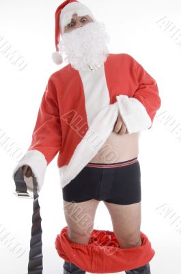santa clause holding his coat and belt