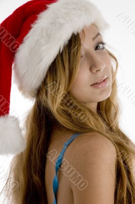 blonde girl with christmas hat
