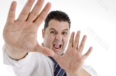 shouting businessman showing his palms
