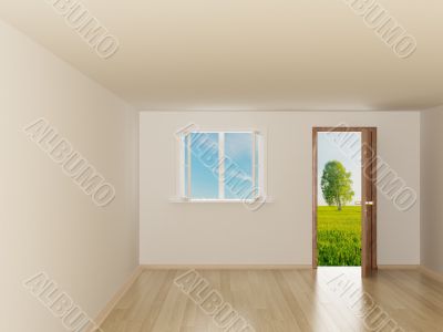 Empty room. Landscape behind the open door. 3D image