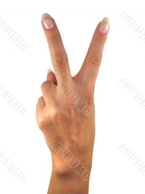 Human lady hand showing two fingers isolated over white background