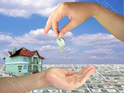 Lady hands giving key on 3d house money and blue sky background