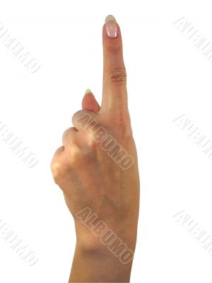 Human lady hand showing one finger isolated over white background Human lady hand showing one finger isolated over white background