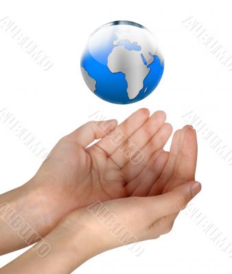 Woman hands holding shining blue globe