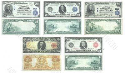 Set of old and rare United States 20 dollar banknotes