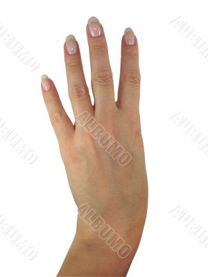 Human lady hand showing four fingers isolated over white background