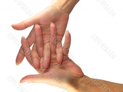 Human lady hand showing crossed fingers isolated over white background