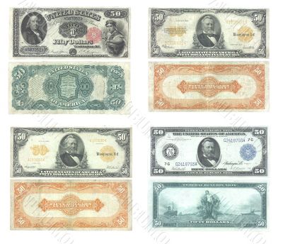 Set of old and rare United States 50 dollar banknotes