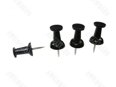 Macro image of black push pins isolated on white background