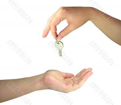 Two woman hands giving one another the key isolated over white