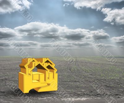 A 3D concept house on money and cloudy sky