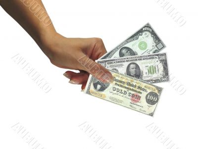 Human lady hand giving cash rare dollars currency isolated over