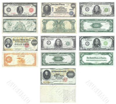 Set of old and rare United States 100, 500, 1000 and 10000 dollar banknotes