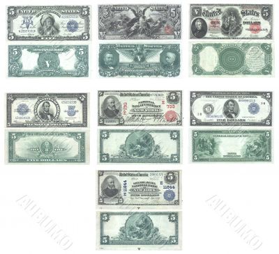 Set of old and rare United States 5 dollar banknotes