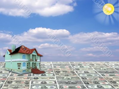 A 3D concept house on money and blue sky background