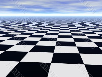 Chess black and white infinite floor and cloudy blue sky