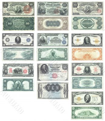 Set of old and rare United States 10 dollar banknotes