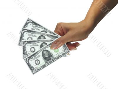 Human lady hand giving cash dollars isolated over white backgrou
