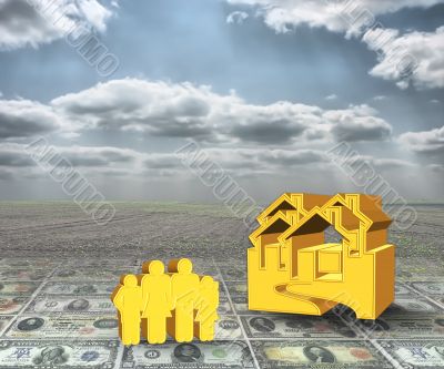 A 3D concept house and famyly on money with cloudy sky backgroun
