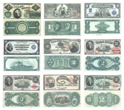Set of old and rare United States 2 dollar banknotes