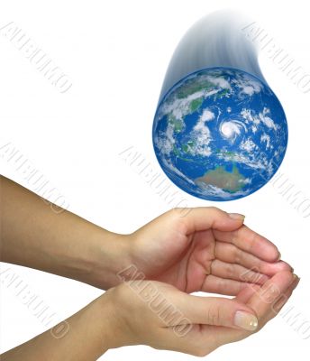 Human lady hands catching falling earth globe isolated