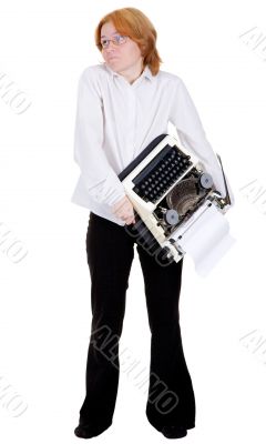 Woman with a typewriter on hands
