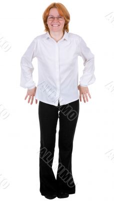Confused woman standing on a white background